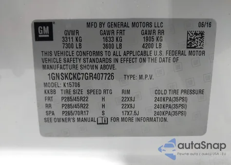 2016 Chevrolet Tahoe Ltz z USA, uszkodzony, nr VIN 1GNSKCKC7GR407726